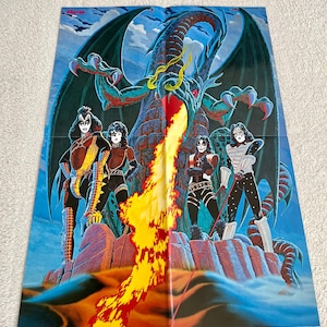 Kiss Poster 1979 Dragon Cartoon German Super Poster Music Magazine Lata 70. Gene Simmons Paul Stanley Ace Frehley Peter Criss Vintage Rare