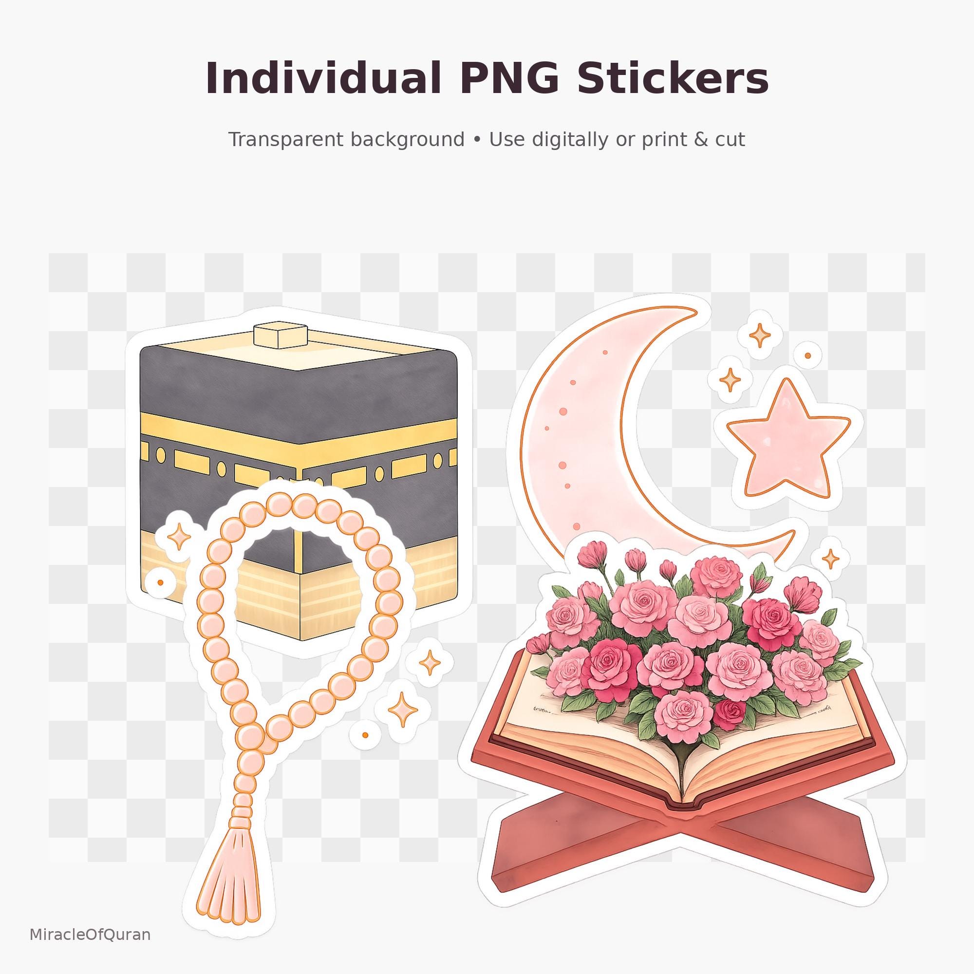 Islamic Icons Stickers | Kaaba Moon Star Tasbih Quran Flowers | Pastel ...