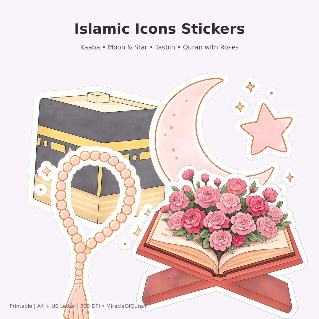 Islamic Icons Stickers | Kaaba Moon Star Tasbih Quran Flowers | Pastel ...