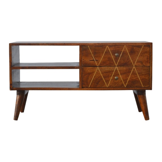 Retro Tv Stand Brown Solid Wood With Drawers Living Room Etsy
