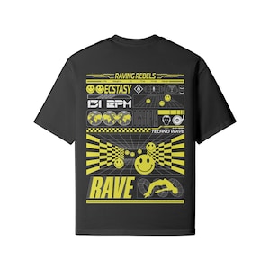 Rave Festival Clothes, SMILE FACE SHIRT, Oversized Outfit For Electronic Dance Music Concert, Front And Back Printed Club Swear Shirt