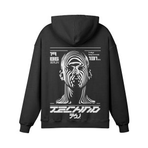 May include: Black hooded sweatshirt with a white graphic on the back. The graphic features a stylized face with a striped pattern, the text "TECHNO" and Japanese characters. Additional text includes "1986 Berlin" and "131 BPM".