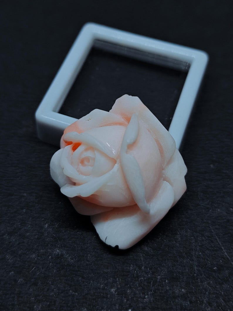 Op de afbeelding: Een uitgesneden roosvormig ornament met een gladde, licht perzikkleurige en witte gradi&euml;ntafwerking. Het bloemstuk toont gelaagde, delicate bloemblaadjes met een gepolijst oppervlak, geplaatst voor een klein, vierkant wit frame.