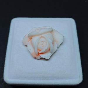 Op de afbeelding: Een uitgesneden roosvormig ornament gemaakt van lichtroze en wit materiaal. De bloem heeft gelaagde, delicate bloemblaadjes met een gladde, gepolijste afwerking, met een zacht kleurverloop van het centrum naar de buitenranden van de bloem.