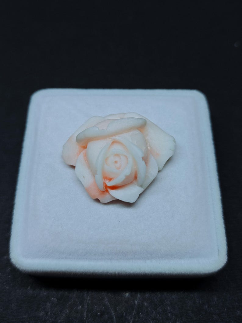 Op de afbeelding: Een uitgesneden roosvormig ornament gemaakt van lichtroze en wit materiaal. De bloem heeft gelaagde, delicate bloemblaadjes met een gladde, gepolijste afwerking, met een zacht kleurverloop van het centrum naar de buitenranden van de bloem.