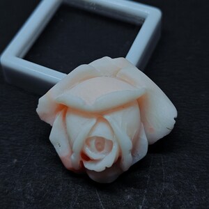 Op de afbeelding: Een lichtroze gesneden roos-edelsteen met gedetailleerde bloemblaadjes. Het bloemmotief is geplaatst voor een klein, vierkant, wit plastic displayframe. De roos heeft een gladde, matte afwerking met subtiele variaties in de lichtroze kleur.
