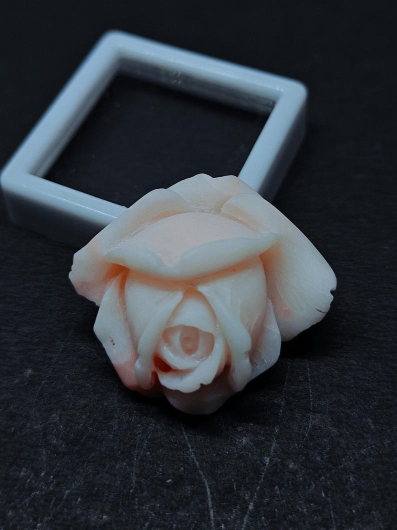 Op de afbeelding: Een lichtroze gesneden roos-edelsteen met gedetailleerde bloemblaadjes. Het bloemmotief is geplaatst voor een klein, vierkant, wit plastic displayframe. De roos heeft een gladde, matte afwerking met subtiele variaties in de lichtroze kleur.
