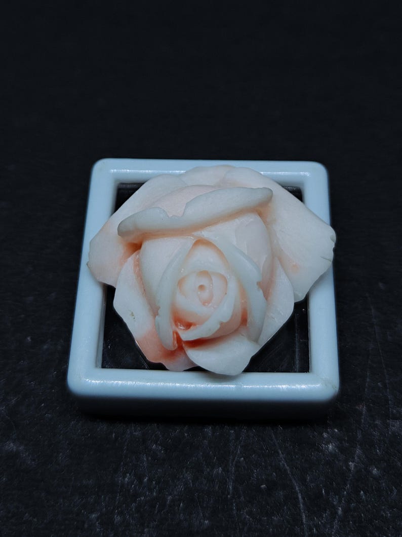 Op de afbeelding: Een gesneden roze en wit roosvormig edelsteenornament in een vierkant wit displayframe. Het bloemmotief heeft gelaagde bloemblaadjes met een gladde textuur en subtiele kleurverlopen die overgaan van wit naar een lichte koraalroze tint.