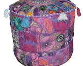 Indian Patchwork Round Ottoman Pouf Cover, Floor Pillows Floor Cushion Cover Bohemian Vintage Pouffe Footstool Cover Bean Bag Sitting Pouf