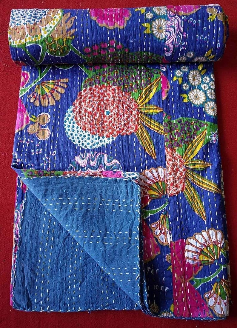 Kantha Quilt Block Printed Kantha Blanket Cotton Kantha Etsy