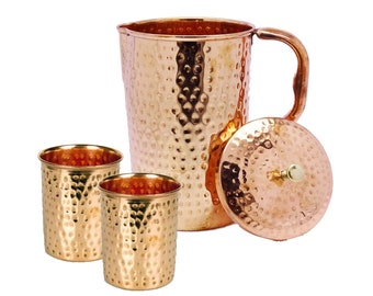 100% Pure Copper Jug Pitcher with 2 Glass Drinkware Hammered Finish Ayurveda Health Benefit