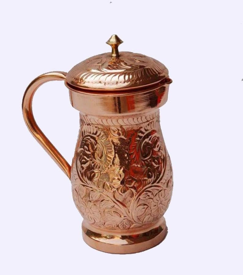 100 Pure Copper Handmade Embossed Copper Water Jug Pitcher Etsy