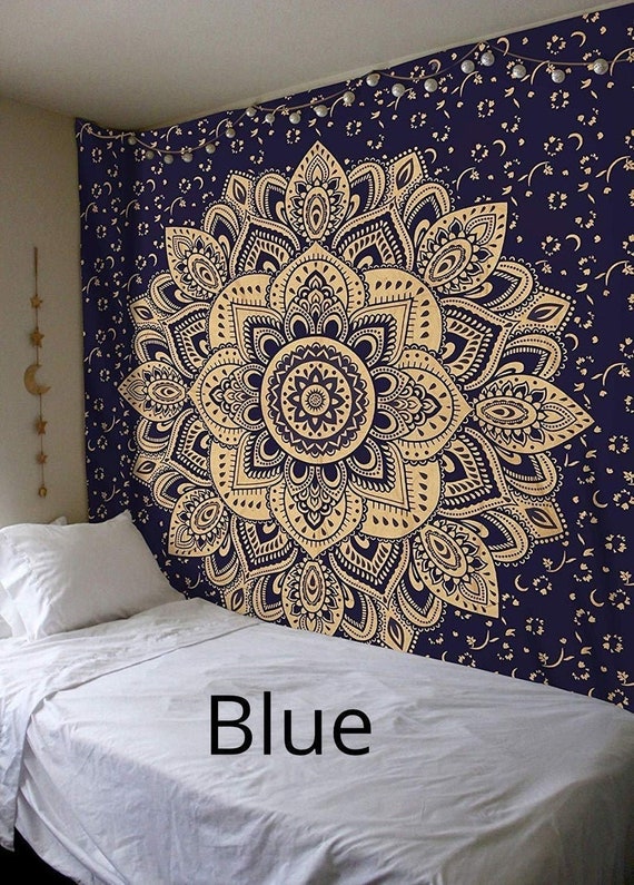 Indian gold flower mandala hippie wall hanging bedding bedspread king size throw 