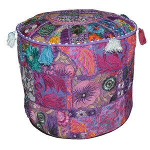 18" Round Patchwork Ottoman Pouf Cover - Vintage Indian Moroccan Style, Cotton Blend