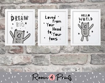 Bear Nursery Prints, Monochrome Wall Art Set of 3 (Digital Download)