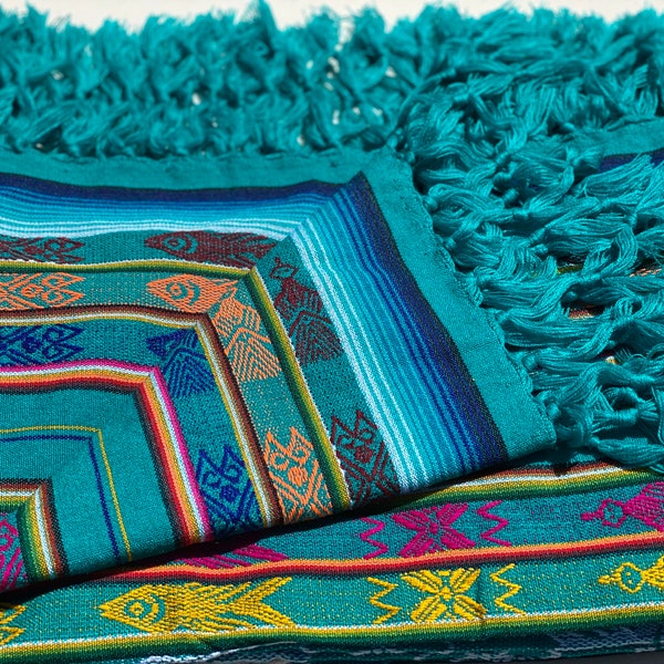 Large Hammock | Teal Turquoise Colourful Traditional Inca Tribal Pattern | Rainbow Stripe With Tassels | Indoor Outdoor