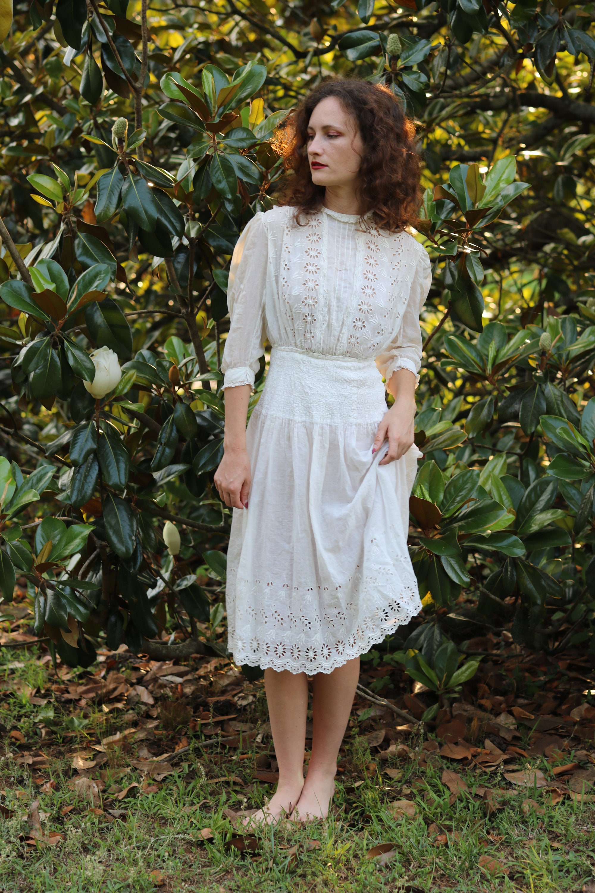 cotton lawn dress Antique Edwardian / 1910s Cotton Eyelet Lawn Dress