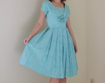 vintage 1950s Wendy Woods blue damask brocade dress