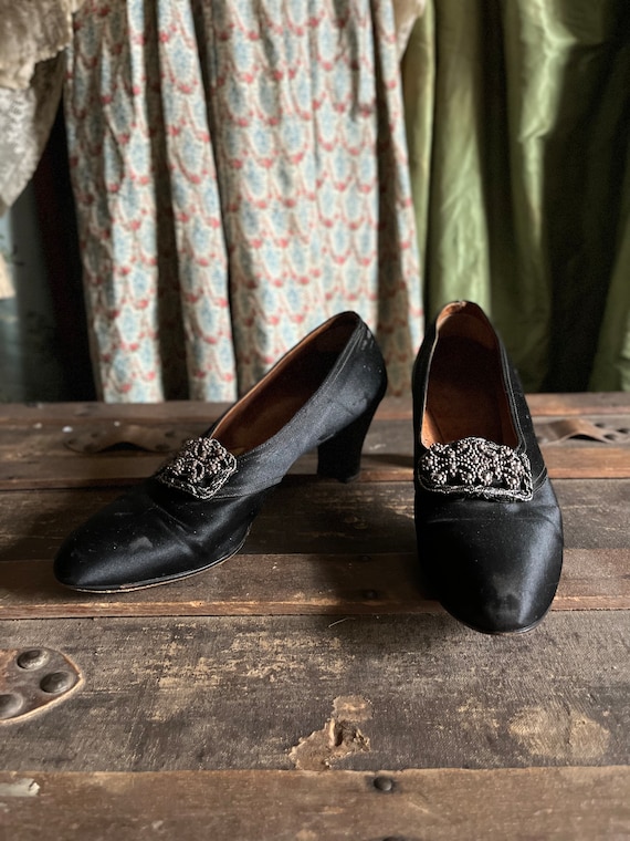 antique 1920s black satin beaded heels