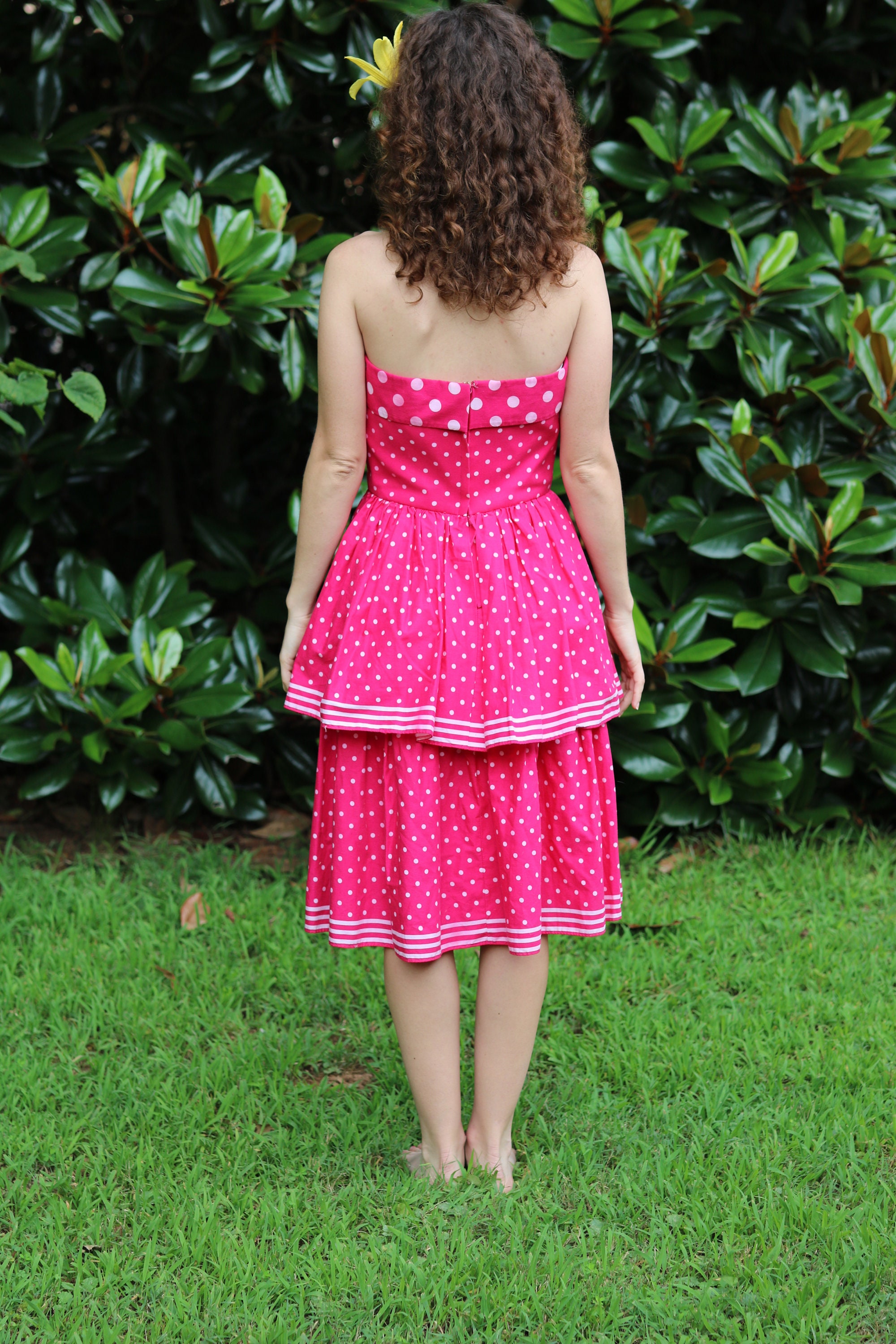 Vintage 1950s Black Pink Polka Dot Rose Print Dress | M/L