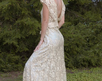 antique 1930s lace gown with silk slip and bolero