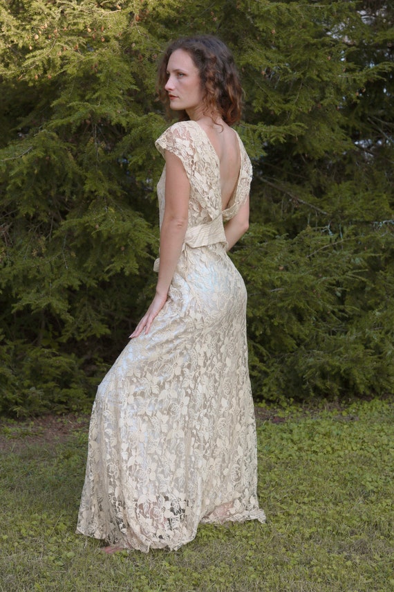 antique 1930s lace gown with silk slip and bolero