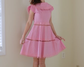 vintage 1950s pink cotton eyelet cutout dress