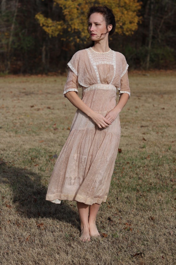 antique edwardian 1910s peach cotton sheer lawn d… - image 1
