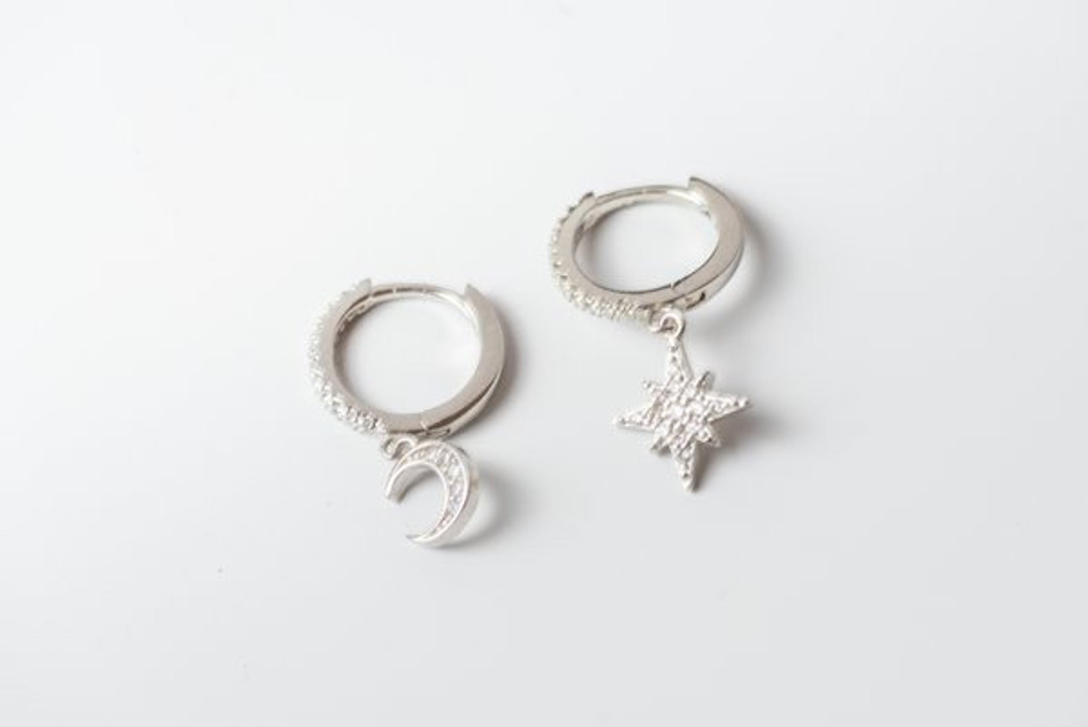 Moon and Star 925 Sterling Silver Hoop Earrings Silver Huggie Etsy