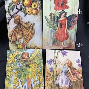 4 cartões de sucata / coisas efêmeras de fadas de flores usadas com arte de Cicely Barker, década de 1980. Estilo de cartão comemorativo, pedaços removidos do álbum de recortes pegajoso