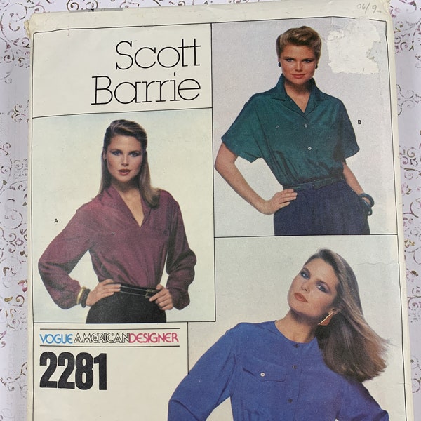 Vogue American Designer, 1990s, Pattern #2281, Misses Size 10, Blouses, Scott Barrie. Cut Pattern. Instructions.