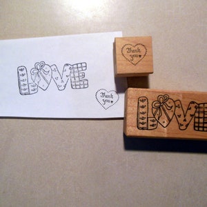Sellos de goma vintage, juego de 2. Amor y gracias en un corazón. Creación de álbumes de recortes, diarios basura, manualidades, tarjetas y más...ar