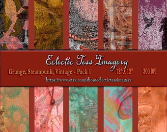 Grunge, Steampunk, Vintage Digital Papers: Digital printable backgrounds scrapbook papers junk journaling, wallpaper decorative 12x12 300dpi