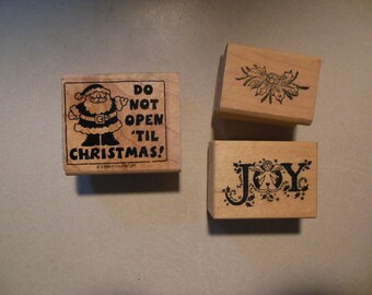 Do Not Open 'Til Christmas. Set of 3 Christmas vintage rubber stamps. Messages, joy, holly Scrapbooking, journaling, crafts, love, more...