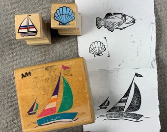 By the sea. Sailing, Fish, Shells. Vintage Rubber Stamps. Set of 5.  Scrapbooking, junk journaling, crafts, cards, and more...