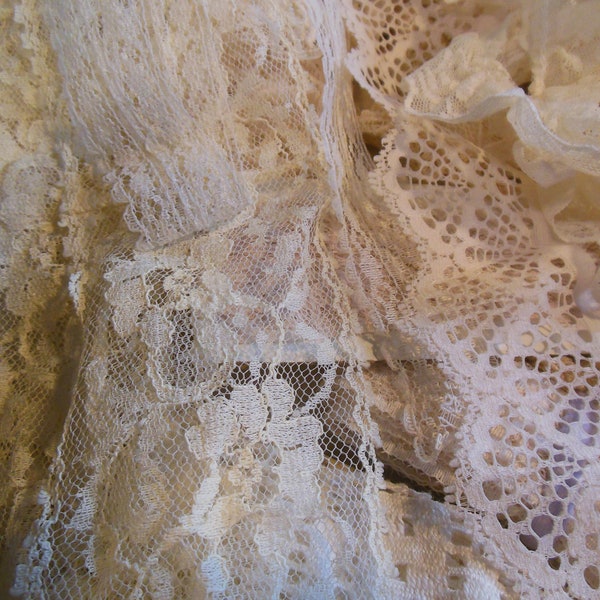 Lace Trims and Scraps. Grab Bag of Vintage lace in neutral creams, beiges, off-white. Junk journal, scrapbook, slow stitch, embellishments