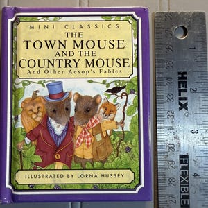 May include: A hardcover book titled Mini Classics The Town Mouse and the Country Mouse and Other Aesop's Fables, illustrated by Lorna Hussey, featuring a purple spine and a metal ruler showing a height of approximately 4 inches.