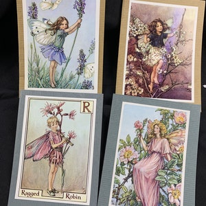 4 Gebrauchte Blumenfee Ephemera/Scrap Karten mit Cicely Barker Motiv, 1980er Jahre. Grußkarte Stil Bits and Pieces Entfernt aus Sticky Scrapbook