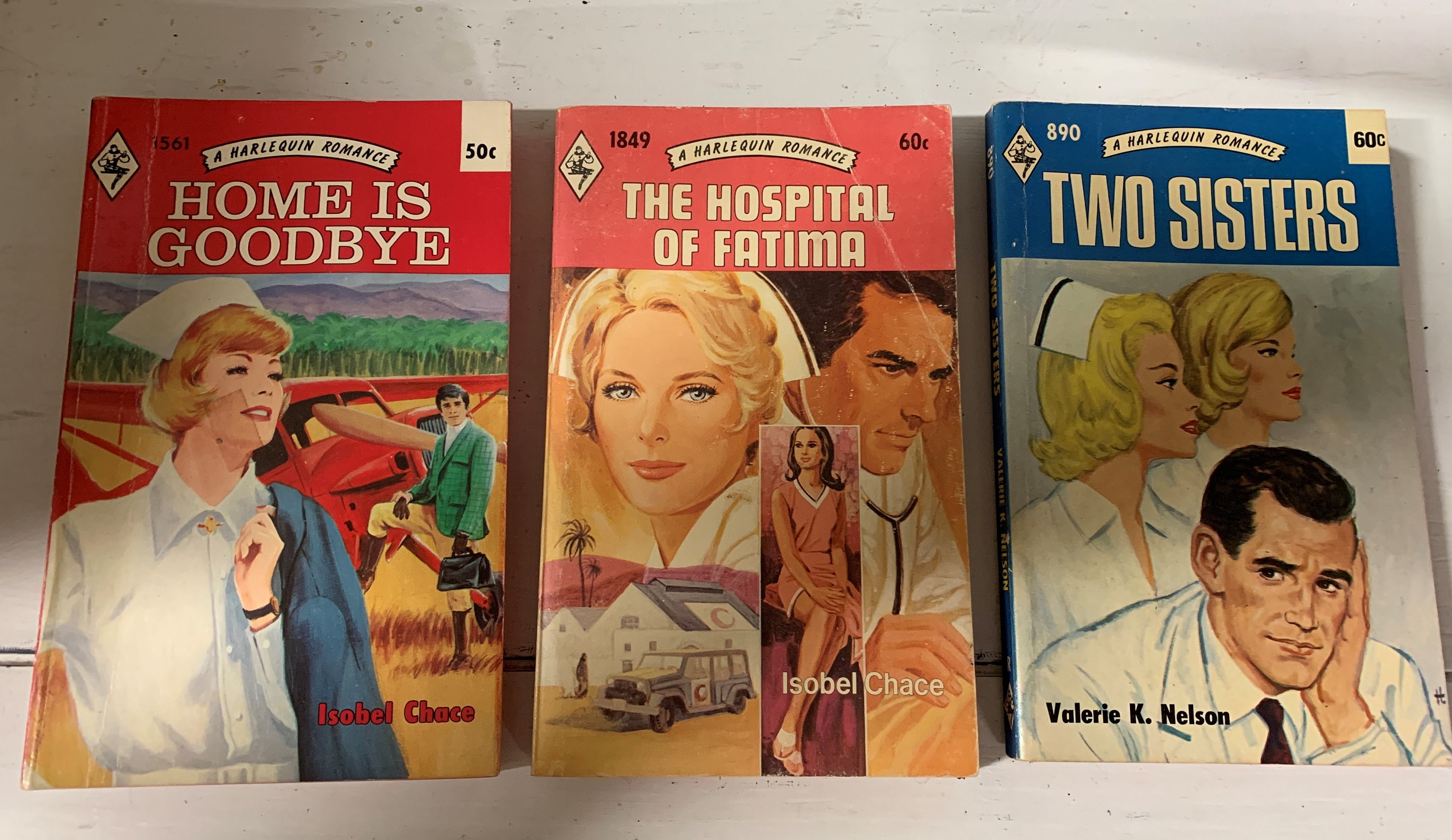 Vintage Harlequin Romance, 3 books. Nurse/Doctor Romances, Isobel Chace, Valerie K. Nelson, 1970s, Paperbacks