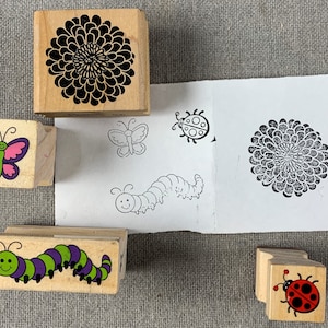 Vintage Rubber Stamps. Set of 4.  Flower, Butterfly, Ladybug, Caterpillar. Scrapbooking, junk journaling, crafts, cards, and more...