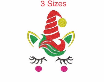May include: Embroidered design of a unicorn wearing a red and green Santa hat with a yellow pom-pom. The unicorn has closed eyes and pink cheeks. The text "3 Sizes" is above the design.