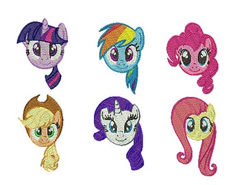 May include: Six colorful cartoon pony heads with different hairstyles and eye colors. The ponies are from the My Little Pony franchise.