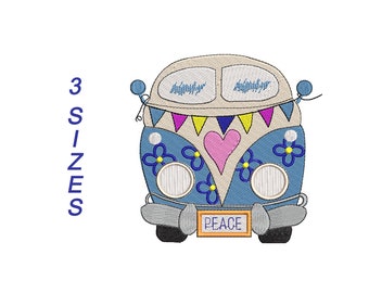 May include: Blue and white vintage van with flowers and a pink heart. The van has a sign that says "PEACE".
