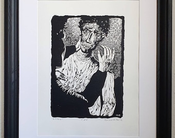 Portrait d'homme à la main - Linogravure