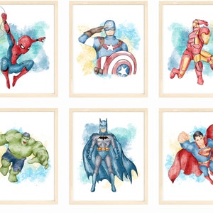 Superhero Kids Wall Art Prints, Spiderman Nursery Prints, Batman Movie Poster, Kids Room Decor, Playroom Decor, Set of 6 Prints, 8x10"