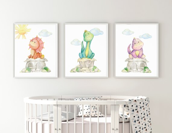 3 Personalised Dinosaur Prints Trex Nursery Wall Art Girls Pink Room Pictures