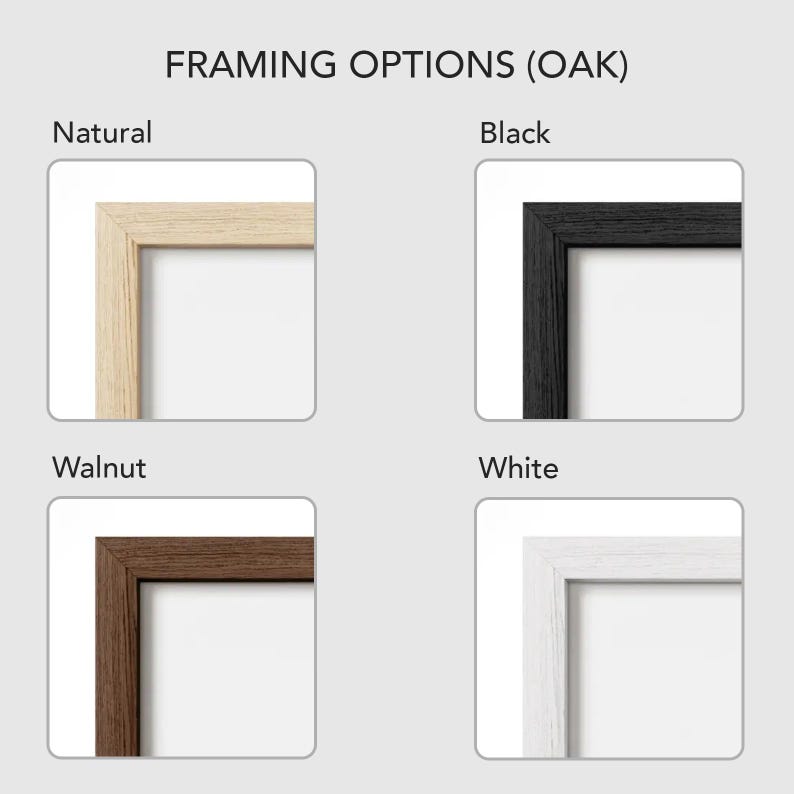 May include: Image showcasing four oak picture frame options: Natural, Black, Walnut, and White. Each frame is displayed with a white interior, highlighting the different wood tones and finishes available for artwork or photos.