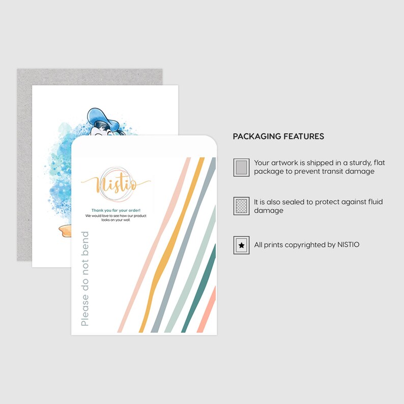 May include: An art print with a watercolor illustration of a person in a blue hat. The print is packaged in a white envelope with colorful diagonal stripes and the text "Please do not bend". The packaging features a logo and text.