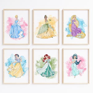 Nistio™ Disney Princess Wall Art Prints, Girls Room Wall Art, Rapunzel, Ariel, Tiana, Jasmine, Snow White, Unframed, Set of 8 Prints