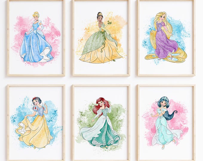 Nistio ™ Disney Prinzessinnen Wandkunst Drucke, Mädchenzimmer Wandkunst, Rapunzel, Ariel, Tiana, Jasmin, Schneewittchen (ungerahmt, 8 Stück)